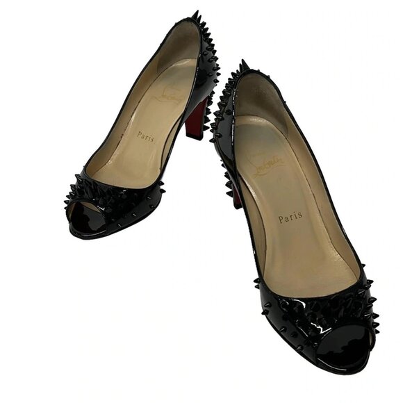 Christian Louboutin Black Patent Leather Spike Peep Toe Heels, 35 - Picture 3 of 7
